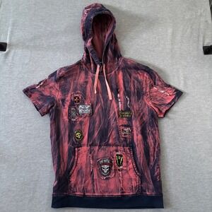 Imperious Mens XL Acid Wash Distressed Short Sleeve Patch Hoodie Red Navy Biker